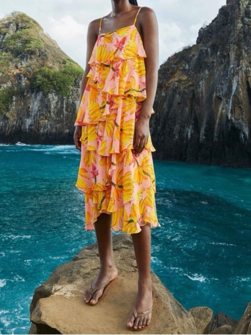 FARM Rio Banana Taste Irregular Tiered Midi Dress XS NWT - Picture 2 of 12